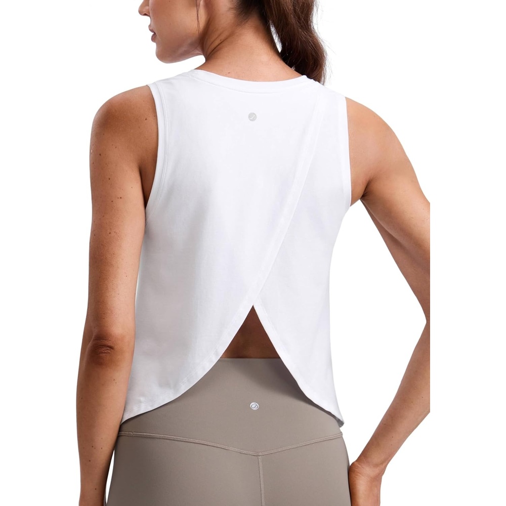image:imageCRZ YOGA CottonBlend Split Open Back Tank Tops for Women Workout Athletic Gym Casual Crewneck Sleeveless ShirtsWhite