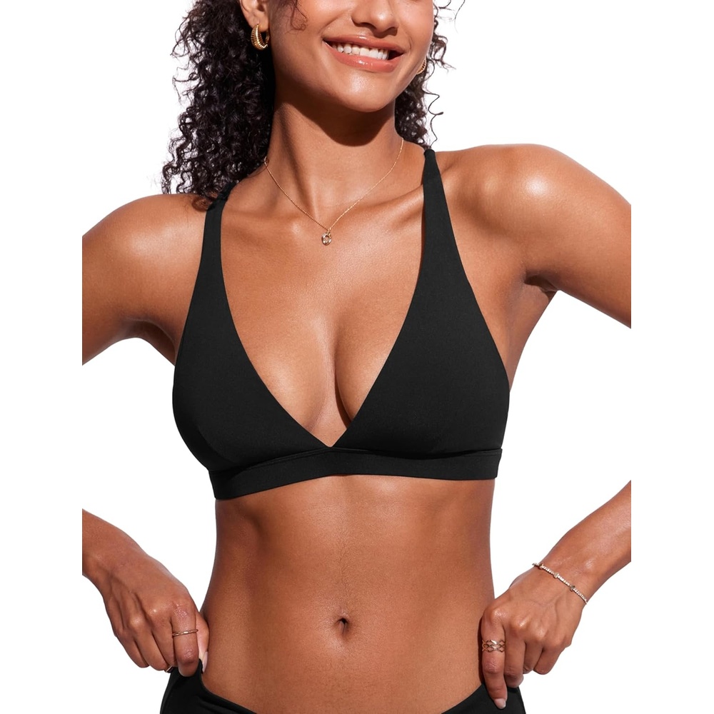 image:imageCRZ YOGA Deep V Neck Bikini Tops for Women  Padded Criss Cross Back Triangle Sexy Swim Bathing Suit BraBlack