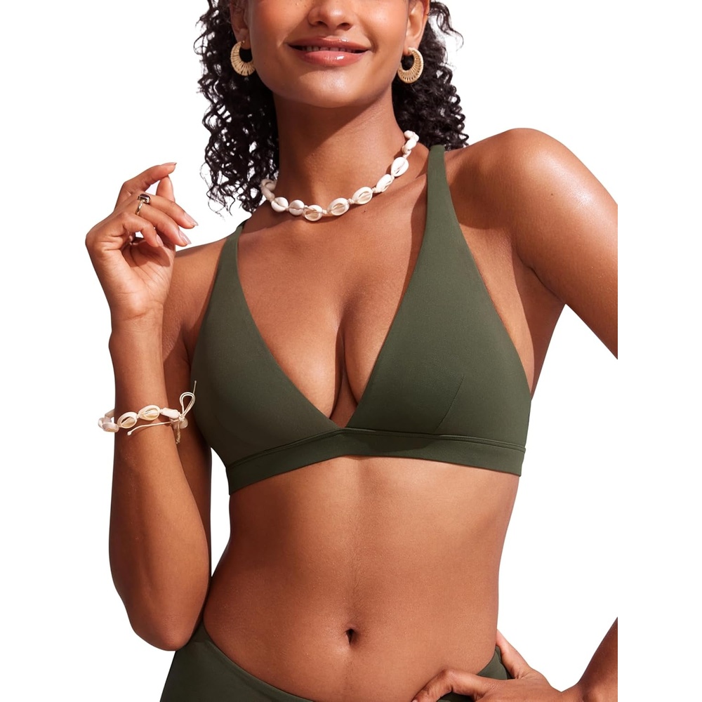 image:imageCRZ YOGA Deep V Neck Bikini Tops for Women Padded Criss Cross Back Triangle Sexy Swim Bathing Suit BraDark Olive
