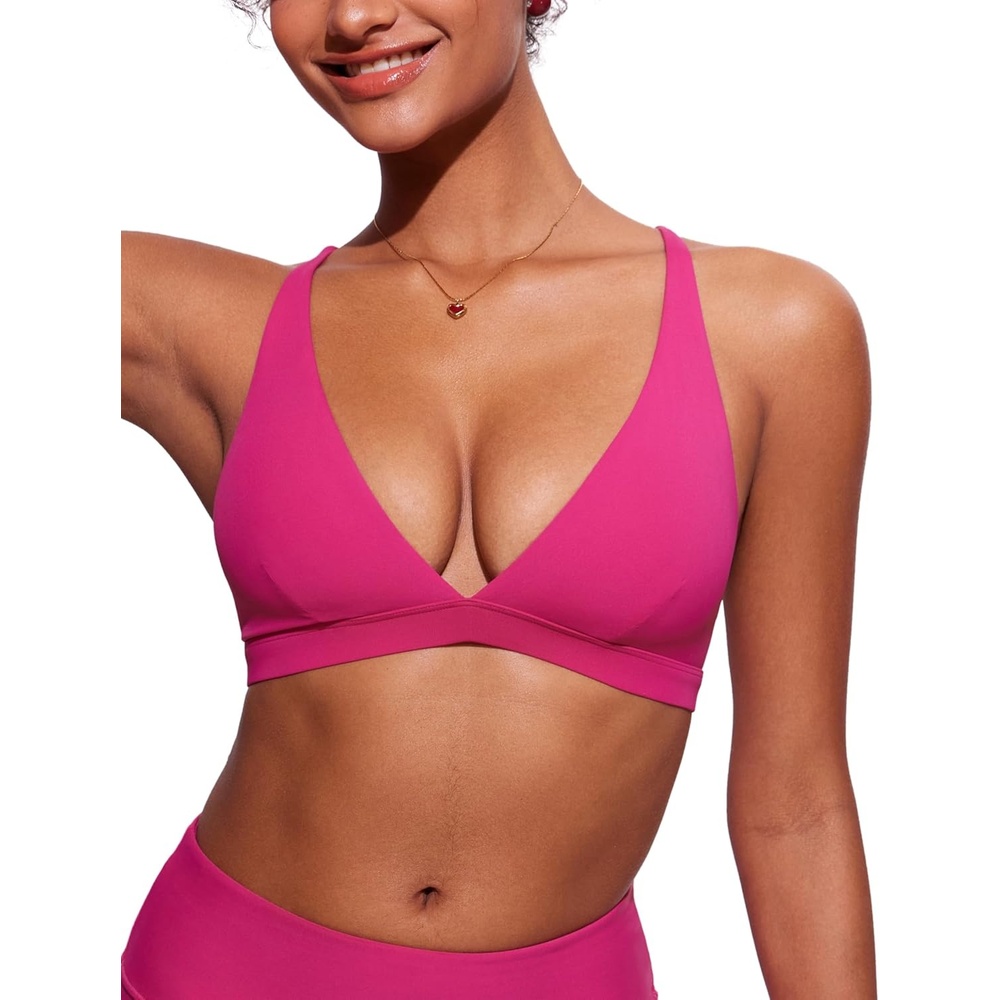 image:imageCRZ YOGA Deep V Neck Bikini Tops for Women Padded Criss Cross Back Triangle Sexy Swim Bathing Suit BraGranita Pink