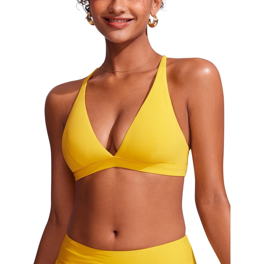 image:imageCRZ YOGA Deep V Neck Bikini Tops for Women Padded Criss Cross Back Triangle Sexy Swim Bathing Suit BraHigh Visibility Yellow