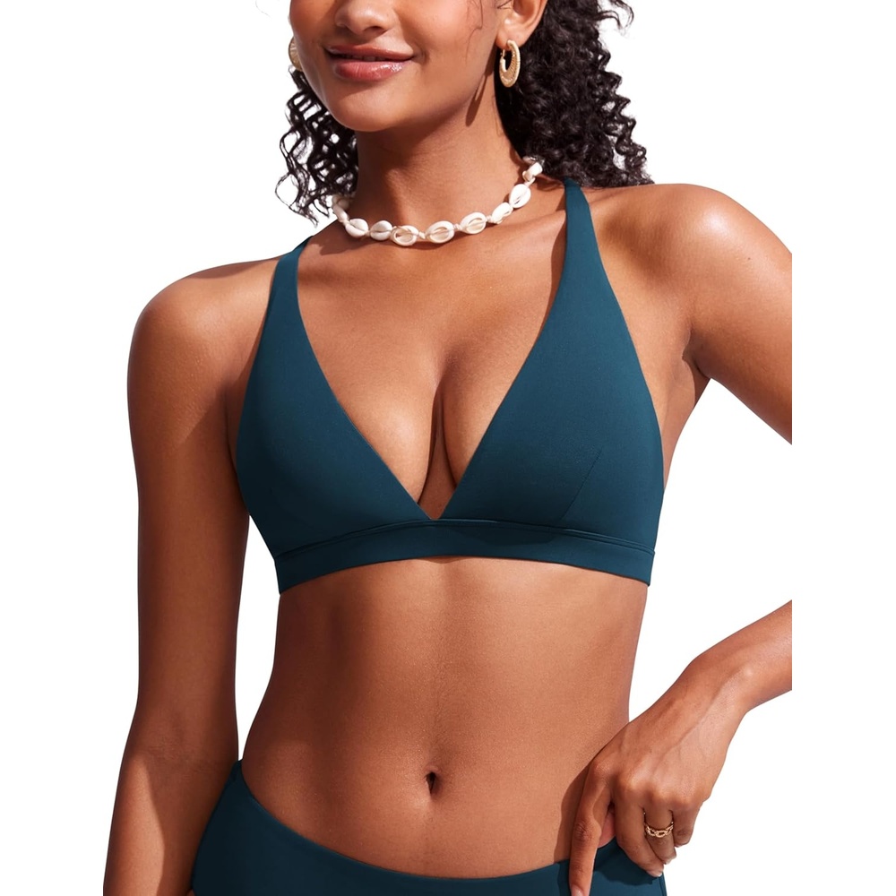 image:imageCRZ YOGA Deep V Neck Bikini Tops for Women Padded Criss Cross Back Triangle Sexy Swim Bathing Suit BraInsignia Blue