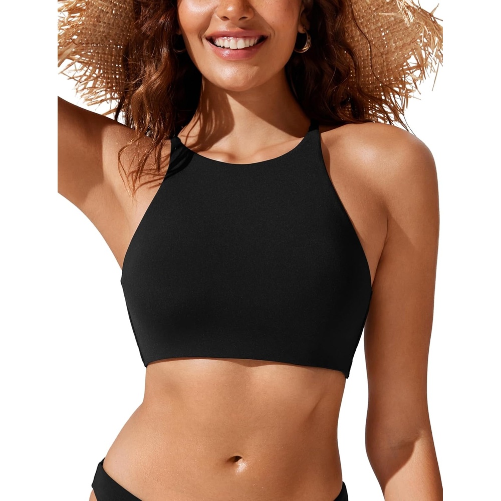image:imageCRZ YOGA High Neck Bikini Tops for Women Padded Crisscross Tie Back Bathing Suit Swim BraBlack