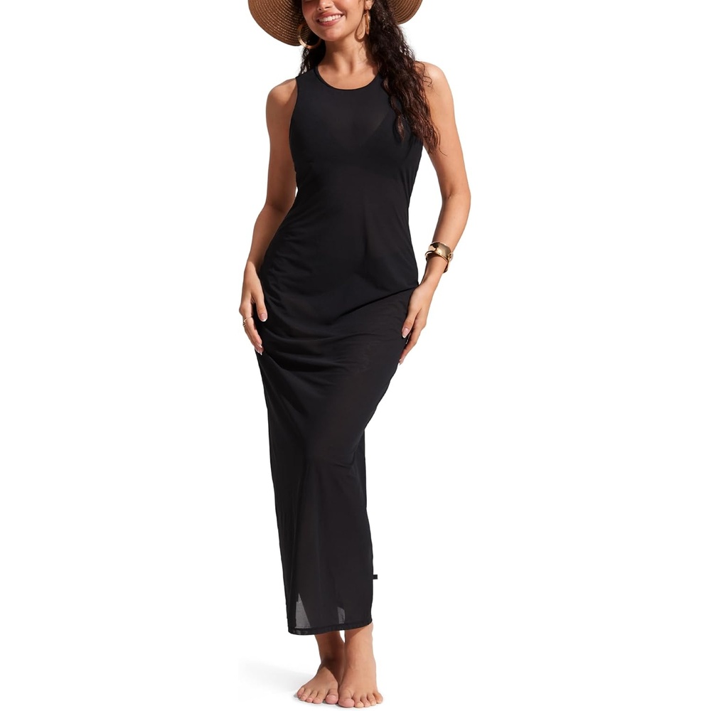image:imageCRZ YOGA Mesh Maxi Cover Up Dress for Women Sleeveless Swim Bathing Suit Beach Coverups with Back SlitBlack