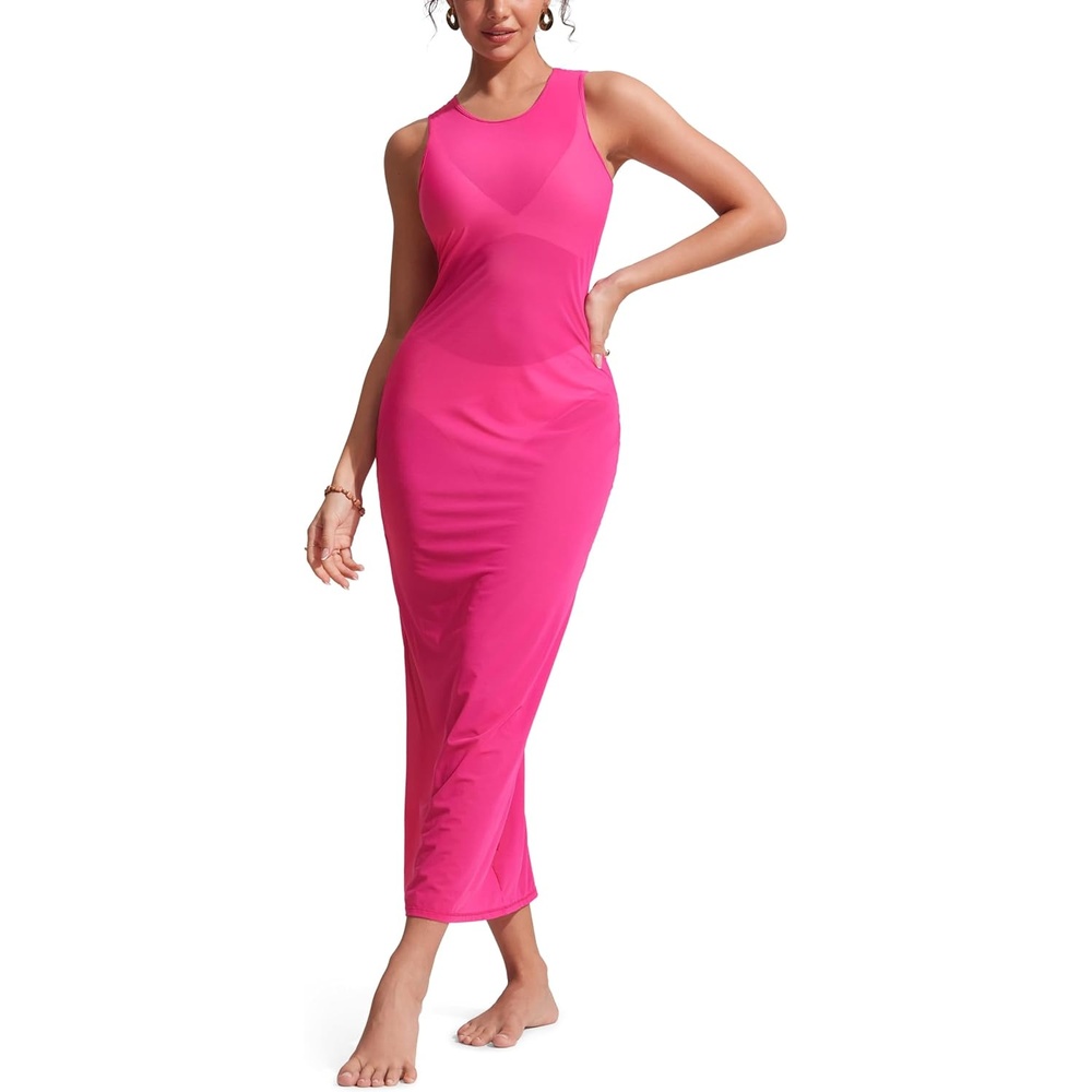 image:imageCRZ YOGA Mesh Maxi Cover Up Dress for Women Sleeveless Swim Bathing Suit Beach Coverups with Back SlitGranita Pink