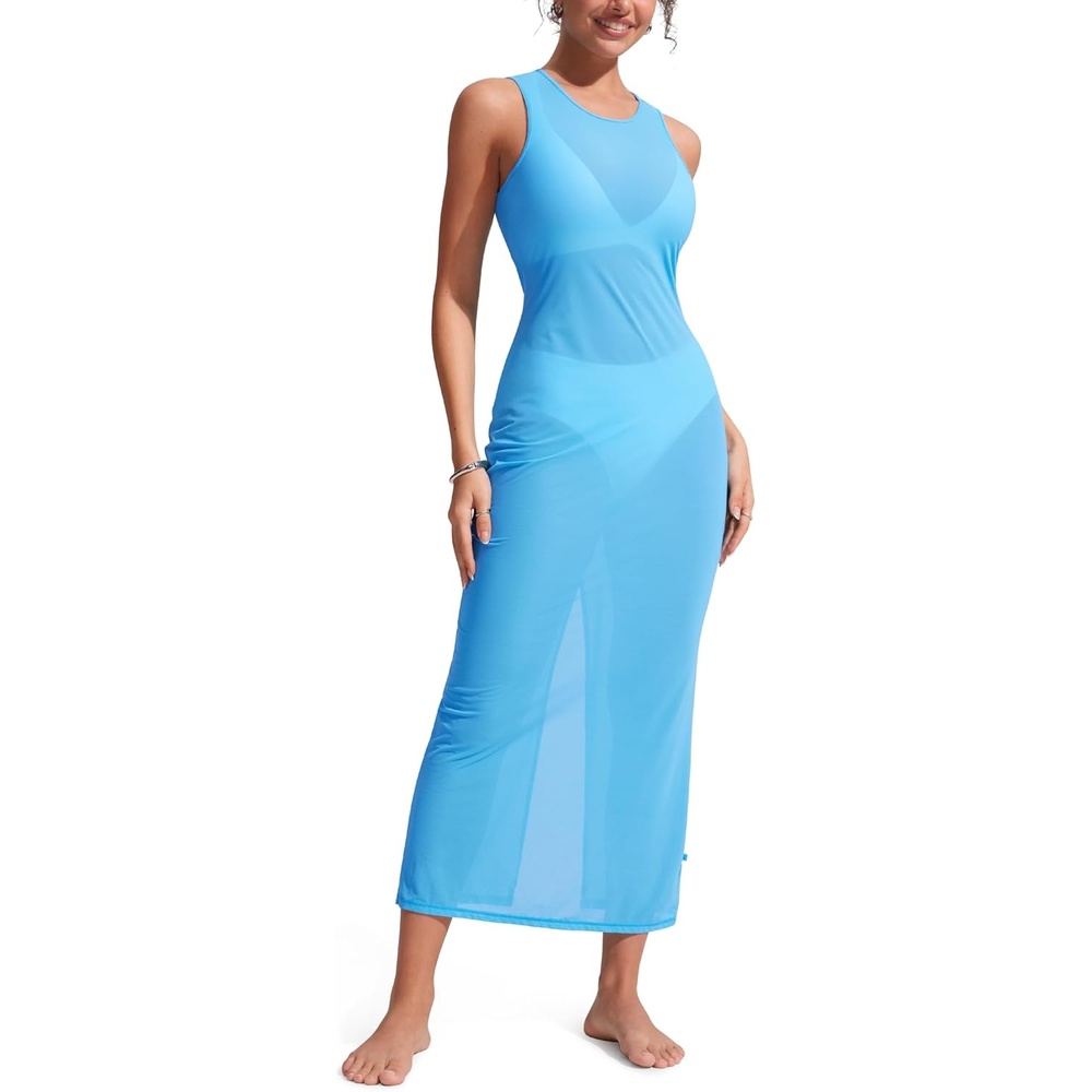 image:imageCRZ YOGA Mesh Maxi Cover Up Dress for Women Sleeveless Swim Bathing Suit Beach Coverups with Back SlitKayak Blue