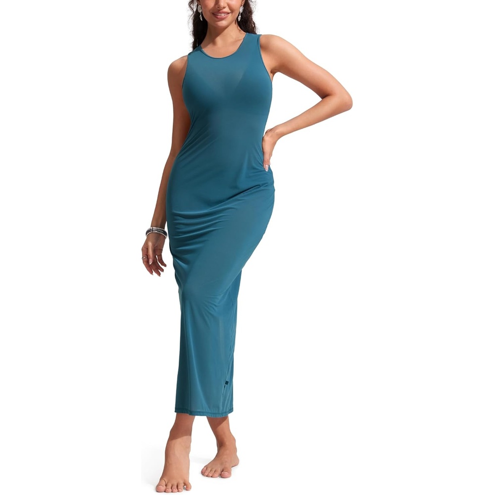 image:imageCRZ YOGA Mesh Maxi Cover Up Dress for Women Sleeveless Swim Bathing Suit Beach Coverups with Back SlitSapphire Blue