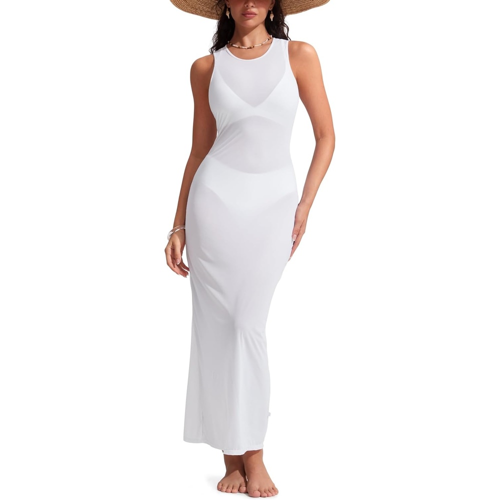 image:imageCRZ YOGA Mesh Maxi Cover Up Dress for Women Sleeveless Swim Bathing Suit Beach Coverups with Back SlitWhite