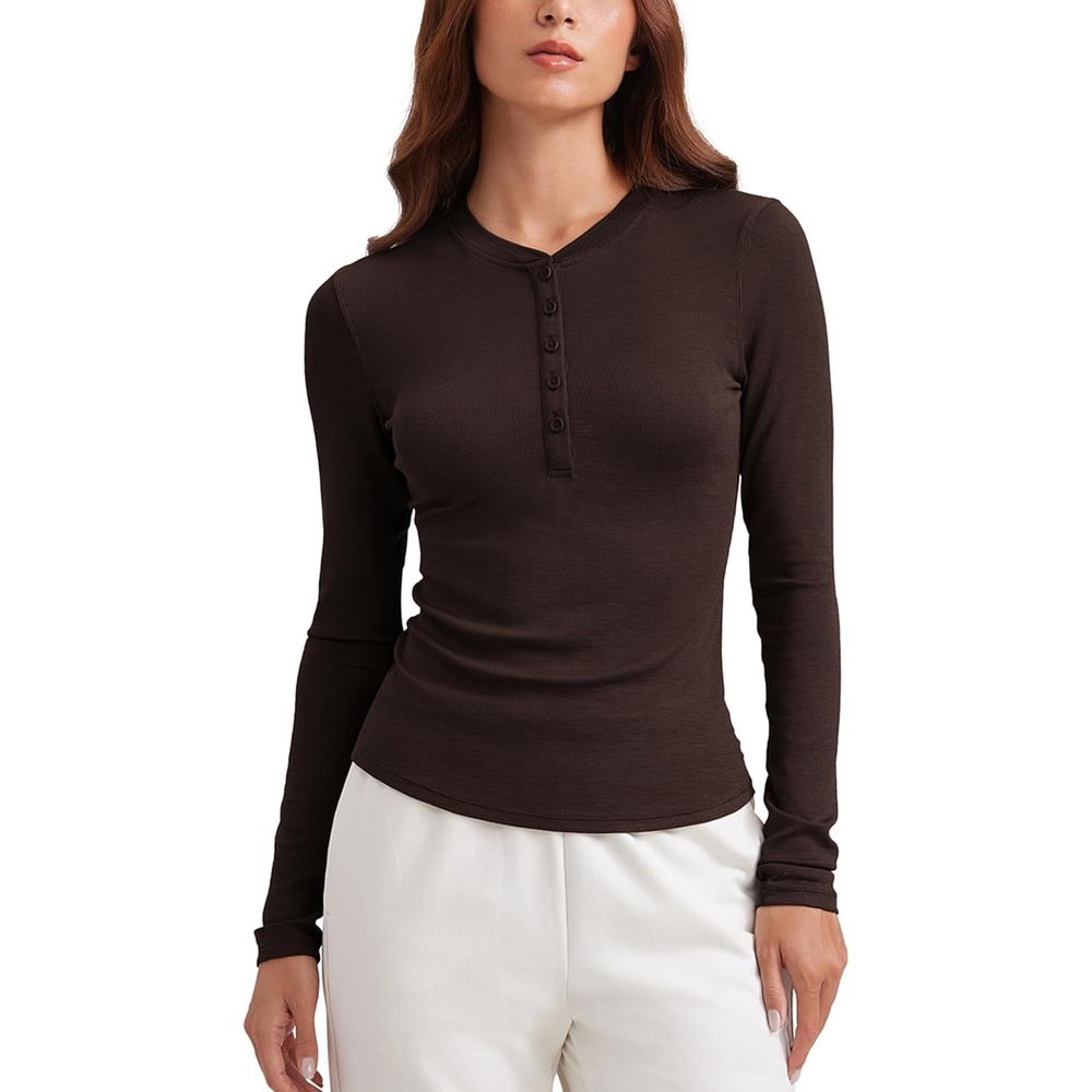 image:imageCRZ YOGA Ribbed Modal Henley Shirts for Women Comfort Casual Knit Long Sleeve Tops Soft Stretchy Basic Fitted LayeringHot Fudge Brown