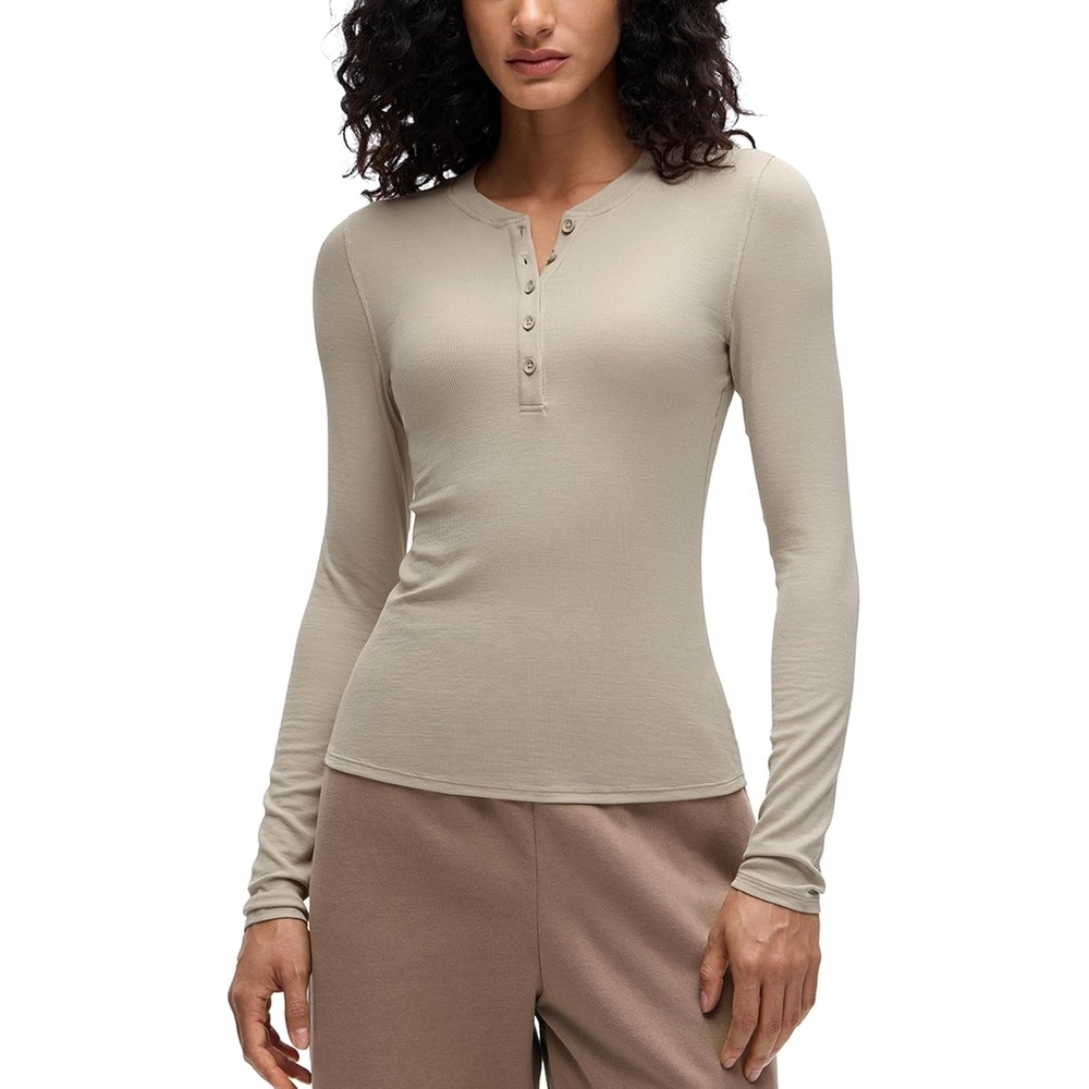 image:imageCRZ YOGA Ribbed Modal Henley Shirts for Women Comfort Casual Knit Long Sleeve Tops Soft Stretchy Basic Fitted LayeringMojave Tan