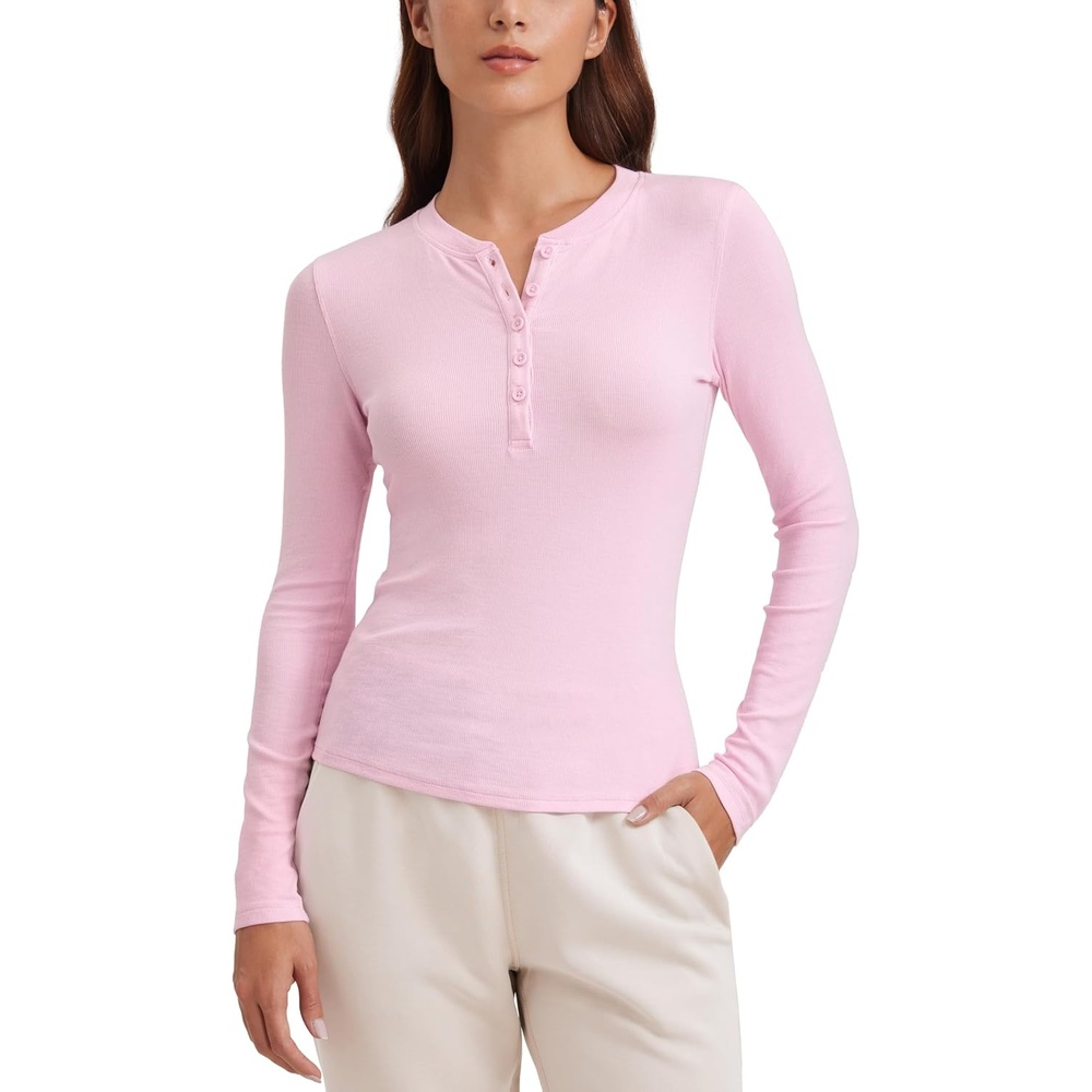 image:imageCRZ YOGA Ribbed Modal Henley Shirts for Women Comfort Casual Knit Long Sleeve Tops Soft Stretchy Basic Fitted LayeringPink Peony