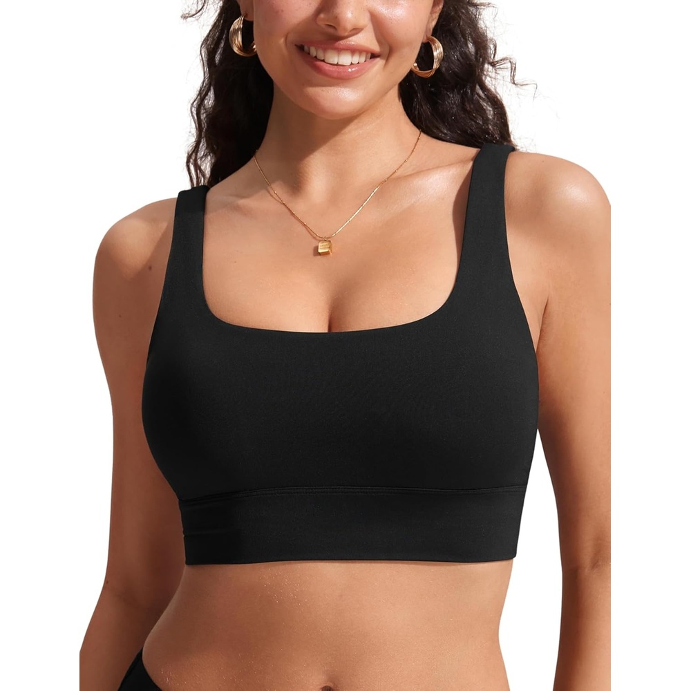 image:imageCRZ YOGA Scoop Neck Longline Bikini Tops for Women Padded Wide Straps Modest Swimsuit Bathing Suit Sports BraBlack
