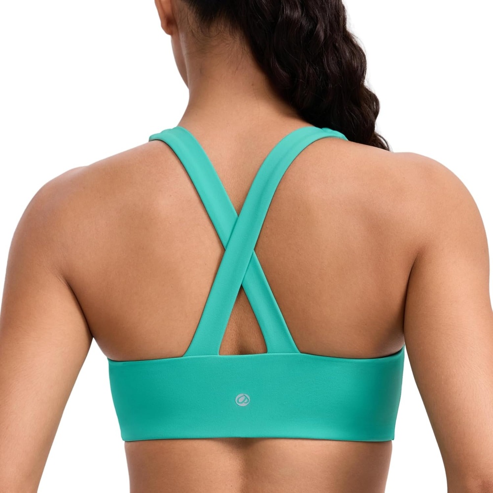 image:imageCRZ YOGA SculptAir Wide Straps Cross Back Sports Bras for Women U Neck Medium Impact Wireless Padded Workout TopAtlantis Green