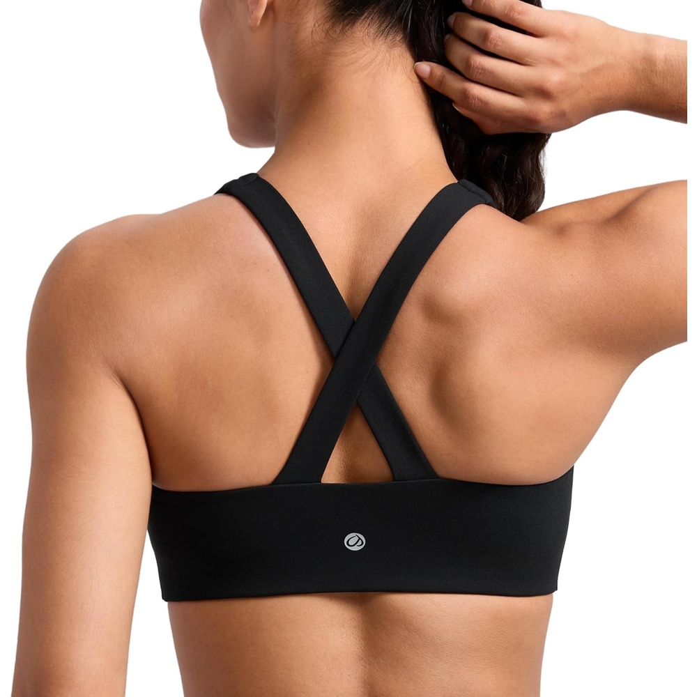 image:imageCRZ YOGA SculptAir Wide Straps Cross Back Sports Bras for Women U Neck Medium Impact Wireless Padded Workout TopBlack