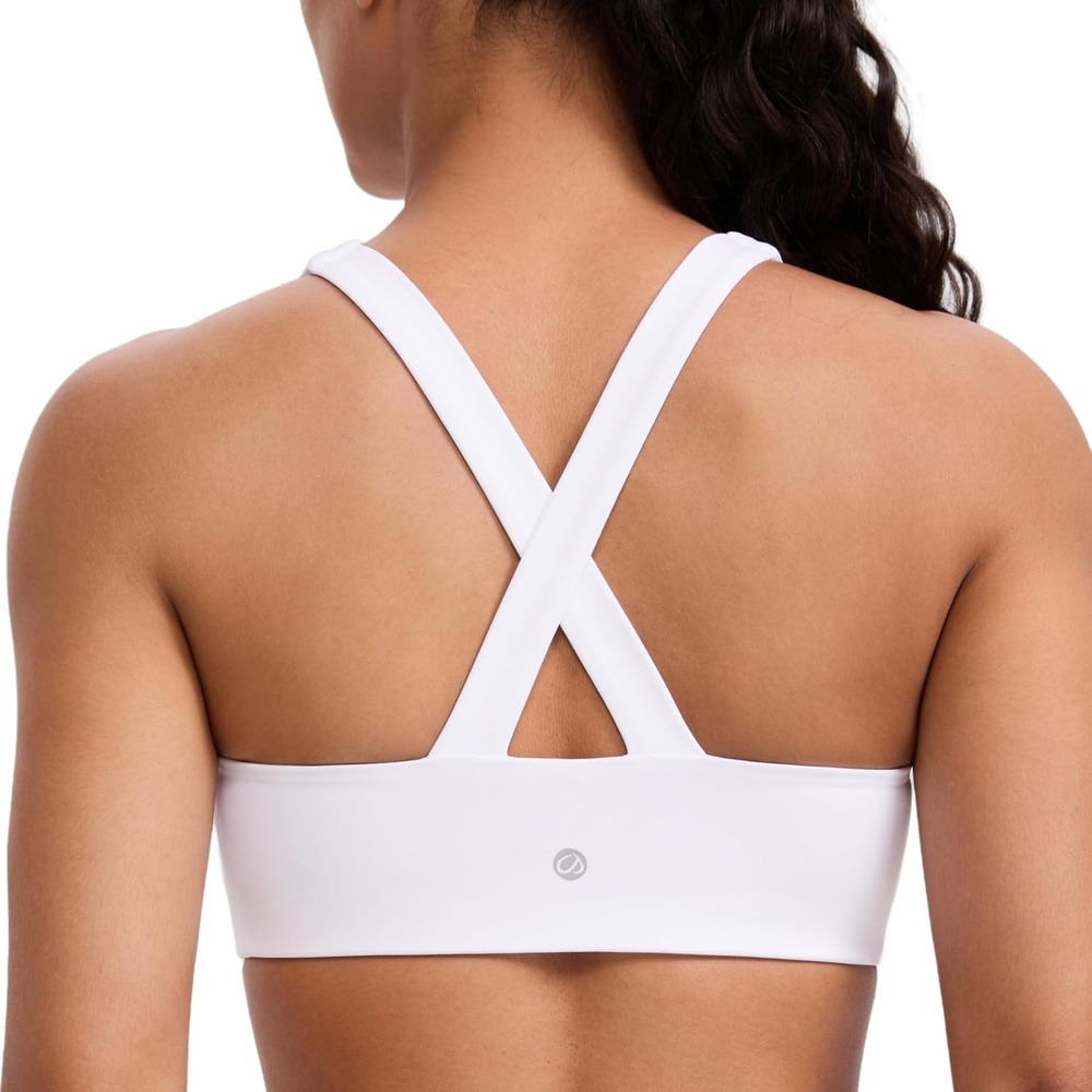 image:imageCRZ YOGA SculptAir Wide Straps Cross Back Sports Bras for Women U Neck Medium Impact Wireless Padded Workout TopWhite