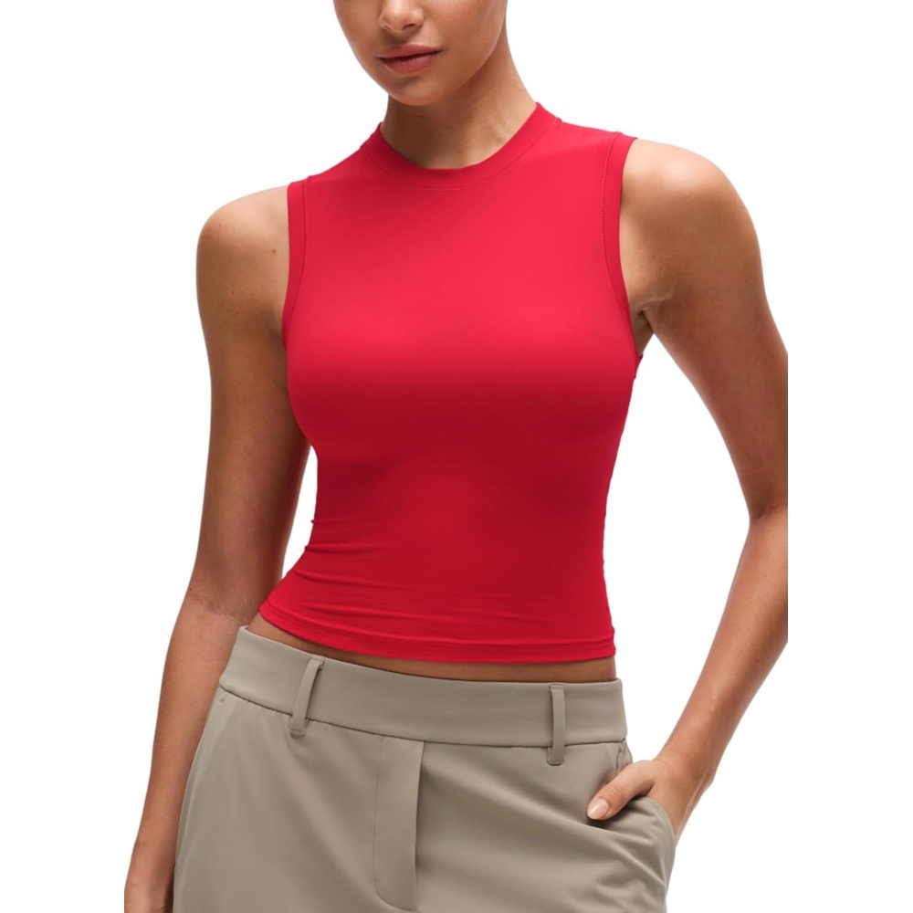image:imageCRZ YOGA Softembrace Crop High Neck Tank Tops for Women Soft Going Out Casual Crewneck Basic Tight Summer Sleeveless ShirtsAurora Red