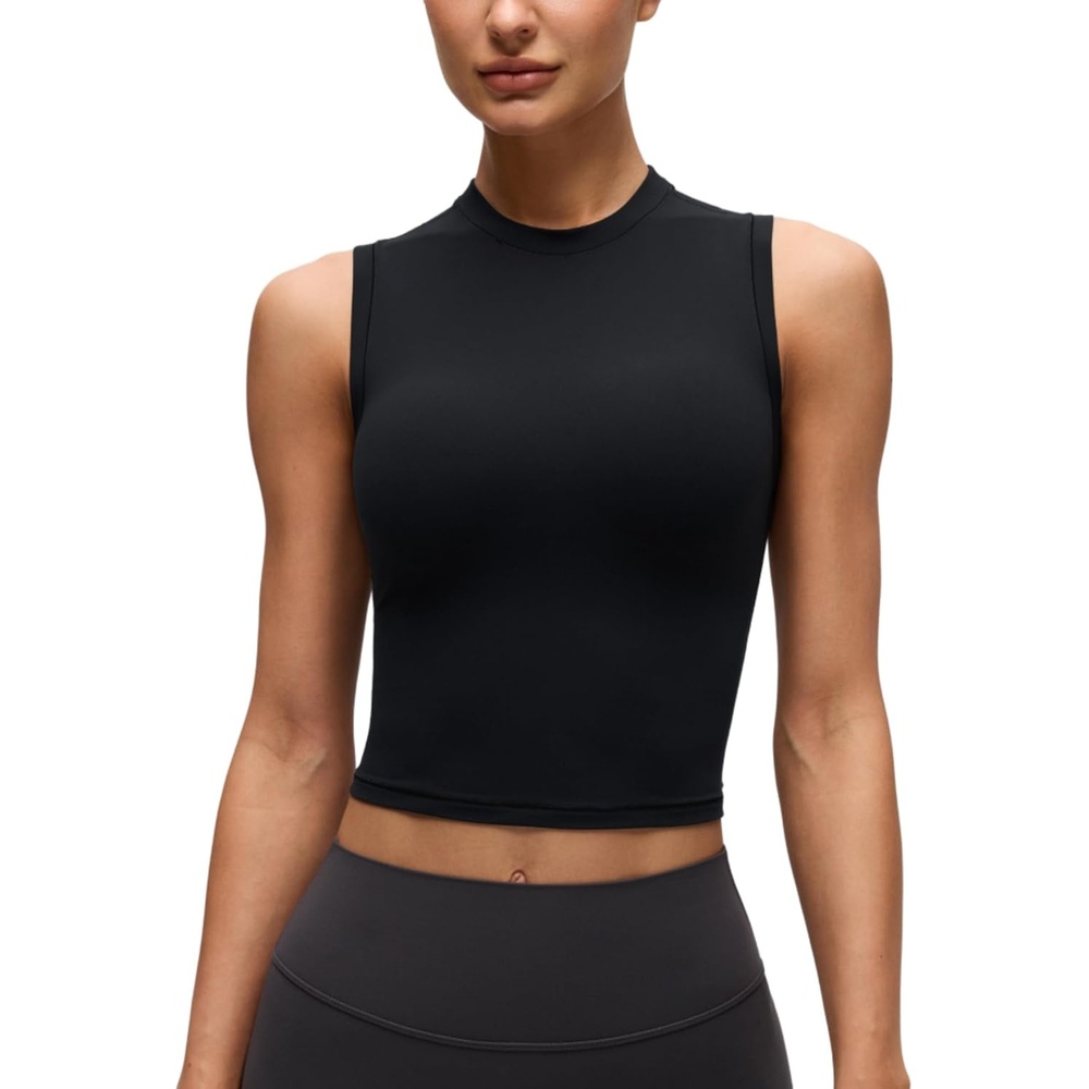 image:imageCRZ YOGA Softembrace Crop High Neck Tank Tops for Women Soft Going Out Casual Crewneck Basic Tight Summer Sleeveless ShirtsBlack