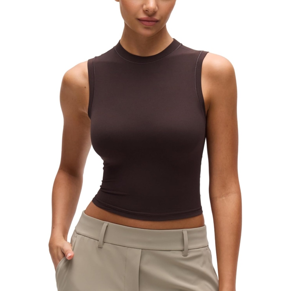 image:imageCRZ YOGA Softembrace Crop High Neck Tank Tops for Women Soft Going Out Casual Crewneck Basic Tight Summer Sleeveless ShirtsHot Fudge Brown