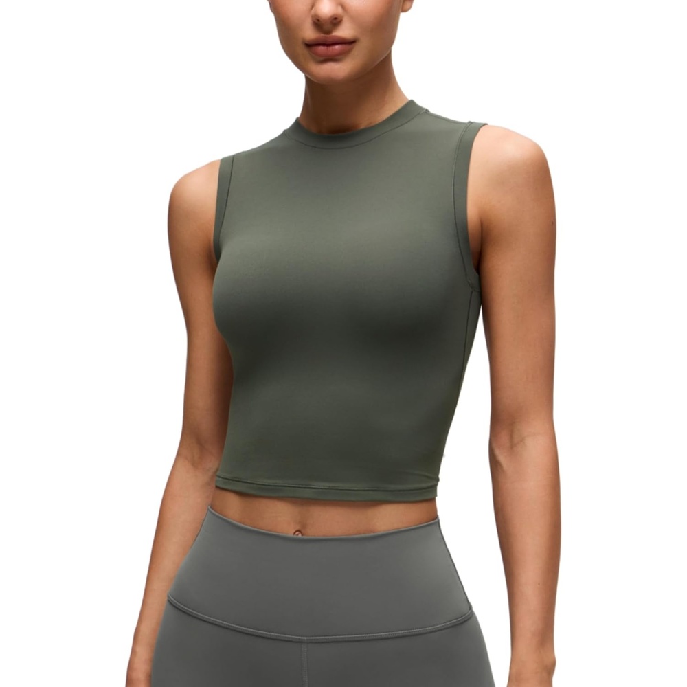 image:imageCRZ YOGA Softembrace Crop High Neck Tank Tops for Women Soft Going Out Casual Crewneck Basic Tight Summer Sleeveless ShirtsLight Army Green