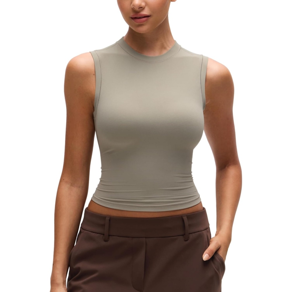 image:imageCRZ YOGA Softembrace Crop High Neck Tank Tops for Women Soft Going Out Casual Crewneck Basic Tight Summer Sleeveless ShirtsWarm Ash Grey