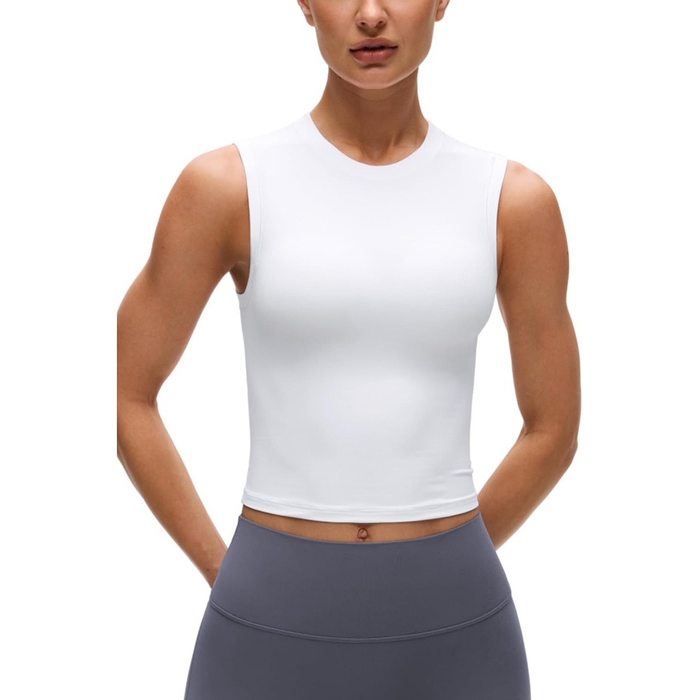 image:imageCRZ YOGA Softembrace Crop High Neck Tank Tops for Women Soft Going Out Casual Crewneck Basic Tight Summer Sleeveless ShirtsWhite