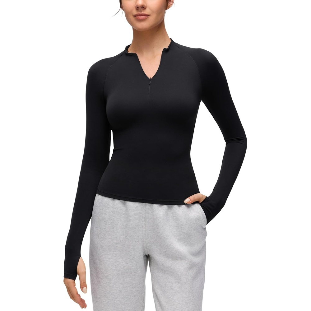 image:imageCRZ YOGA Softembrace Half Zip Long Sleeve Shirts for Women Casual Going Out Tops Soft Quarter Zipper Tees with Thumb HolesBlack