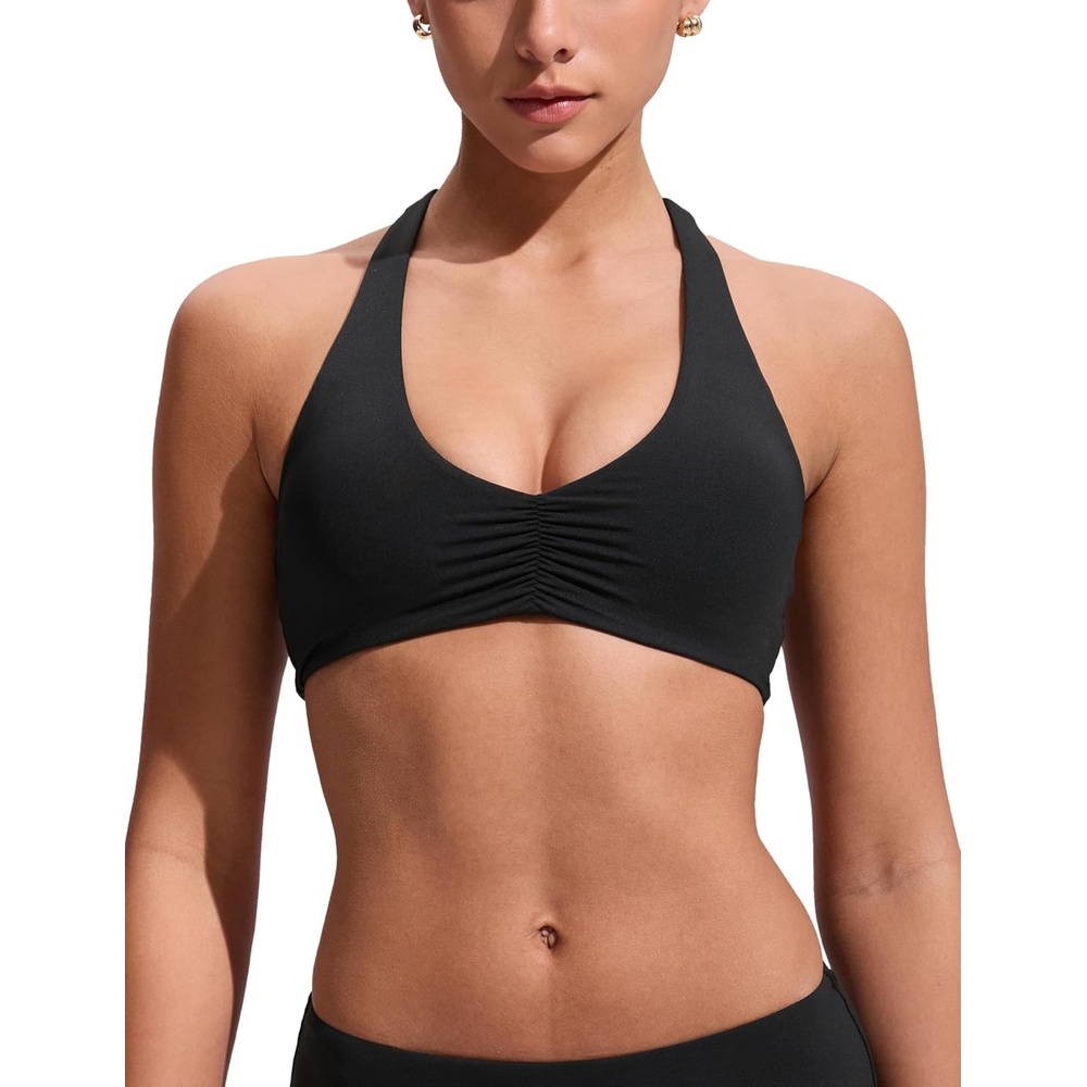 image:imageCRZ YOGA Womens Ruched Front Halter Bikini Tops Swim Bathing Suit Scoop Neck Backless Swimsuit PaddedBlack