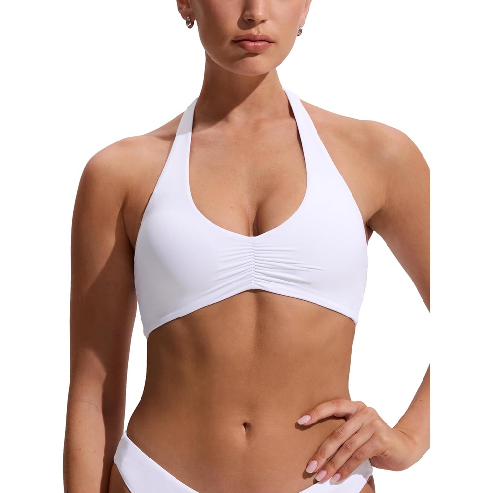 image:imageCRZ YOGA Womens Ruched Front Halter Bikini Tops Swim Bathing Suit Scoop Neck Backless Swimsuit PaddedWhite