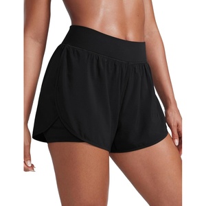 CRZ YOGA 2 in 1 Split Flat Rise Running Shorts for Women 3″ – High Waisted Workout Athletic Gym Tennis with Pocket(Black)