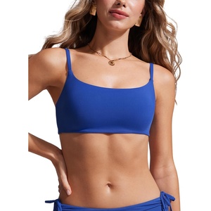 CRZ YOGA A-C Scoop Neck Bikini Tops for Women – Padded Adjustable Bathing Swimsuit Spaghetti Straps Swim Sports Bra(Waves Blue)