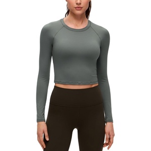 CRZ YOGA Brushed Workout Long Sleeve Shirts for Women – Warm Athletic Running Gym Yoga Tops Breathable Crop Crewneck Tees(Grey Sage)