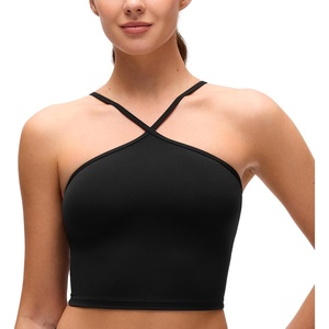 CRZ YOGA Butterluxe Cross Neck Crop Tank Tops for Women – Spaghetti Straps Square Back Padded Yoga Sports Bras(Black)