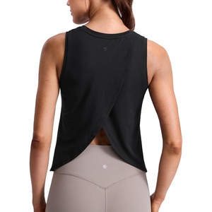 CRZ YOGA Cotton-Blend Split Open Back Tank Tops for Women – Workout Athletic Gym Casual Crewneck Sleeveless Shirts(Black)