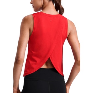 CRZ YOGA Cotton-Blend Split Open Back Tank Tops for Women – Workout Athletic Gym Casual Crewneck Sleeveless Shirts(Deep Red)