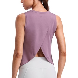 CRZ YOGA Cotton-Blend Split Open Back Tank Tops for Women – Workout Athletic Gym Casual Crewneck Sleeveless Shirts(Light Lavender)