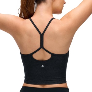 CRZ YOGA Cut-Out Y Back Crop Tank Tops for Women – Scoop Neck Spaghetti Strap Racerback Yoga Longline Sports Bra Non Padded(Black)