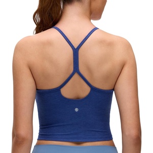 CRZ YOGA Cut-Out Y Back Crop Tank Tops for Women – Scoop Neck Spaghetti Strap Racerback Yoga Longline Sports Bra Non Padded(Eternal Blue)
