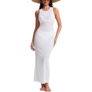 CRZ YOGA Mesh Maxi Cover Up Dress for Women – Sleeveless Swim Bathing Suit Beach Coverups with Back Slit(White)