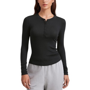 CRZ YOGA Ribbed Modal Henley Shirts for Women – Comfort Casual Knit Long Sleeve Tops Soft Stretchy Basic Fitted Layering(Black)