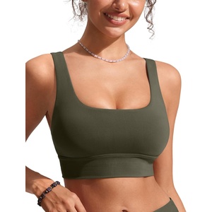 CRZ YOGA Scoop Neck Longline Bikini Tops for Women – Padded Wide Straps Modest Swimsuit Bathing Suit Sports Bra(Dark Olive)