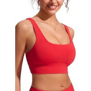 CRZ YOGA Scoop Neck Longline Bikini Tops for Women – Padded Wide Straps Modest Swimsuit Bathing Suit Sports Bra(Deep Red)