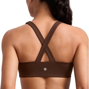 CRZ YOGA SculptAir Wide Straps Cross Back Sports Bras for Women – U Neck Medium Impact Wireless Padded Workout Top(Lava Brown)