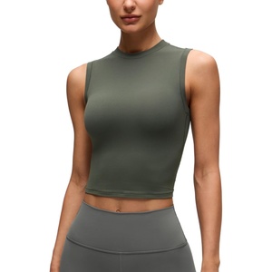 CRZ YOGA Softembrace Crop High Neck Tank Tops for Women – Soft Going Out Casual Crewneck Basic Tight Summer Sleeveless Shirts(Light Army Green)