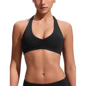 CRZ YOGA Womens Ruched Front Halter Bikini Tops – Swim Bathing Suit Scoop Neck Backless Swimsuit Padded(Black)
