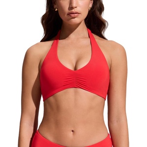 CRZ YOGA Womens Ruched Front Halter Bikini Tops – Swim Bathing Suit Scoop Neck Backless Swimsuit Padded(Deep Red)
