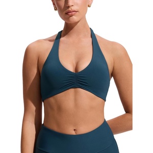 CRZ YOGA Womens Ruched Front Halter Bikini Tops – Swim Bathing Suit Scoop Neck Backless Swimsuit Padded(Insignia Blue)