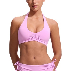 CRZ YOGA Womens Ruched Front Halter Bikini Tops – Swim Bathing Suit Scoop Neck Backless Swimsuit Padded(Vita Pink)